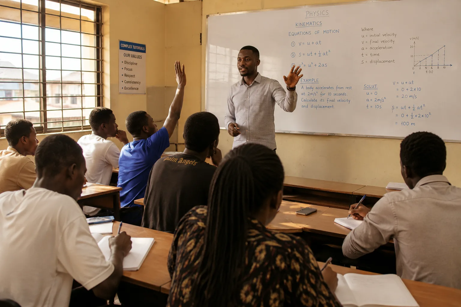 Students learning together in a bright classroom